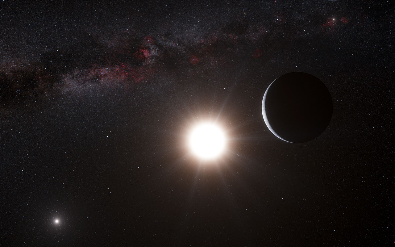 Artist's concept of Alpha Centauri A and B, plus a planet