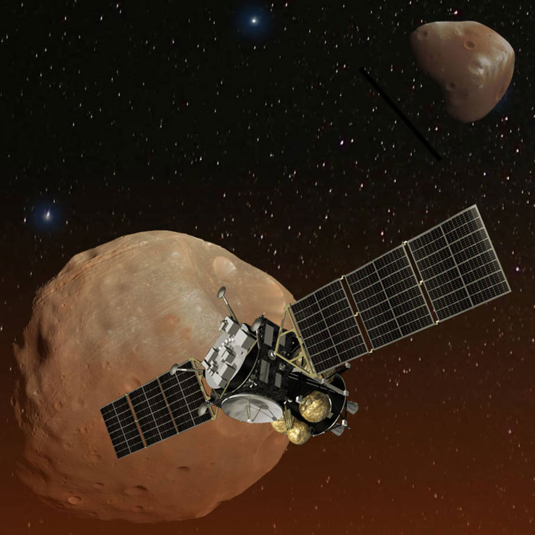 artist's concept of mmx spacecraft with mars moons in background